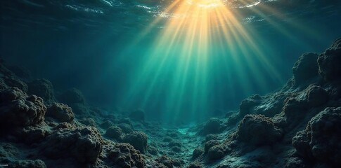 Deep, dark ocean; sunbeams barely penetrate the surface, illuminating swirling particles  Ancient seabed, mysterious and vast, evokes a sense of timelessness and untamed power ,  shadows,  marine