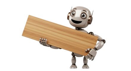 Friendly robot carrying a wooden plank for a construction or DIY project, ready to help build