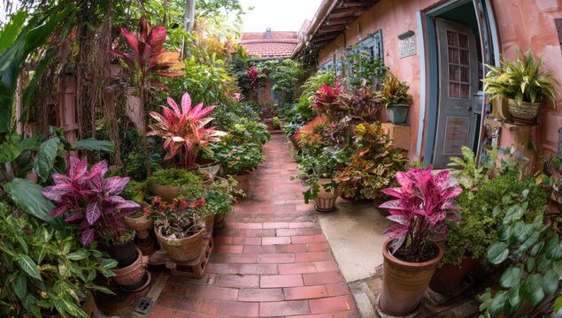 A vibrant, lush courtyard garden path - Powered by Adobe