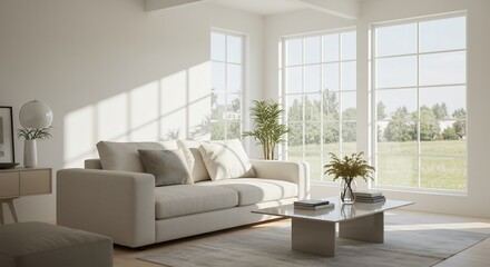 穏やか日光降り注ぐ白いリビング 気持ち良い空間 広々とした窓から緑が見える. AI Generated