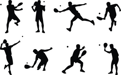 Padel tennis players silhouette action poses, racket sport training exercise, athlete competition movement, black outline design, cad drawing flat vector illustration