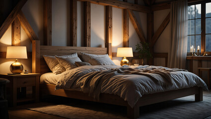 Cozy wooden bedroom with soft bedding and warm lamp glow
