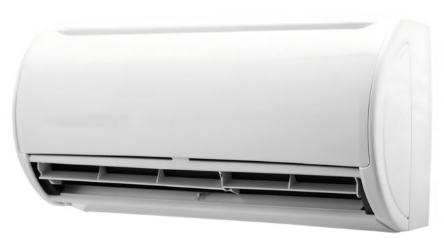 White modern air conditioner unit with vents isolated on a transparent background