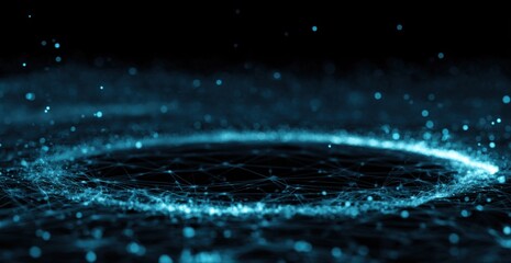 Abstract circular pattern of glowing teal particles and connecting lines on a dark background