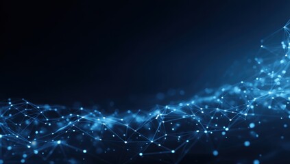 Abstract digital network graphic.  Dark blue background with glowing, interconnected points and lines forming a wave pattern.  Light blue highlights