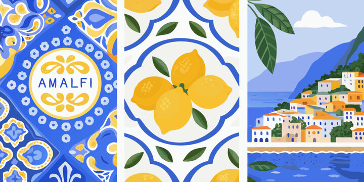 Triptych of amalfi coast with traditional tiles and lemons in a vibrant italian summer scene