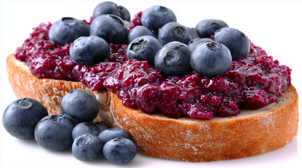 Toast with mixed berry jam and scattered blueberries around, isolated on pure white background, high-end food photography lighting