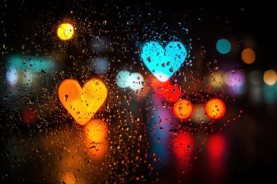 Rain-streaked window, city lights, heart shapes (1)