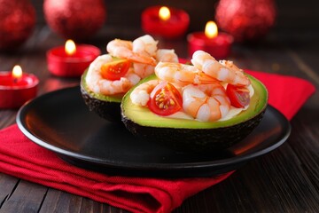 Shrimp Avocado Appetizers with Red Accents and Candles