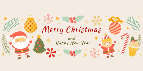 Cute christmas and happy new year greeting banner with santa claus christmas tree candy cane and festive ornaments