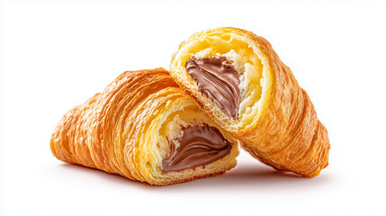Croissant filled with chocolate, cut open with visible layers, isolated on white background, detailed bakery food shot