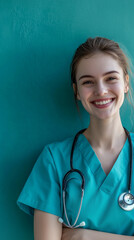 Healthcare professional smiling in medical uniform wellness center portrait bright environment close-up service promotion