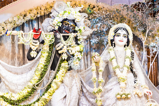 The holy city of Mayapur; the Radha-Madhava Deities in white attire at the Chandrodaya Mandir temple.