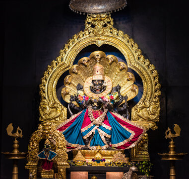 The holy city of Mayapur, the Deity of Narasimhadeva in the Chandrodaya Mandir temple.