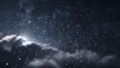 Stormy night rain. Dark clouds with heavy rain falling.  A glimmer of light peeks through