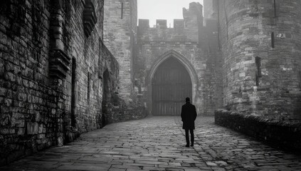 A solitary figure in a misty castle