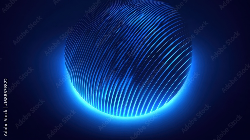 Poster a luminous blue sphere features intricate, textured lines and emits a soft glow against a dark backd
