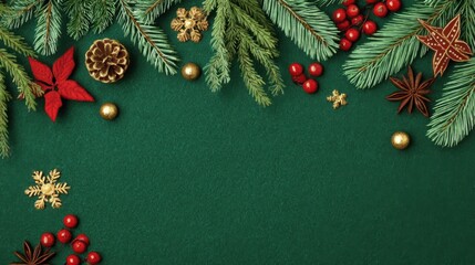 Green surface adorned with pine branches, bright red berries, golden ornaments, star shapes, and festive accents creating a joyful holiday atmosphere. Perfect for celebrating the season.