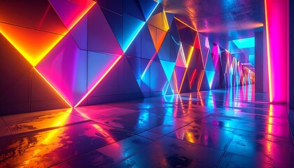 A vivid geometric wall with bold intersecting patterns, glowing reflections, and radiant contrasts creating a striking modern visual effect, captured in sharp detail