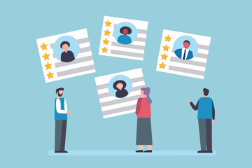 Diverse team reviewing candidate profiles with star ratings for hiring and recruitment process