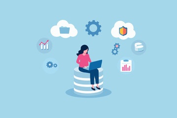 Woman working on laptop surrounded by cloud computing icons data analysis and security symbols