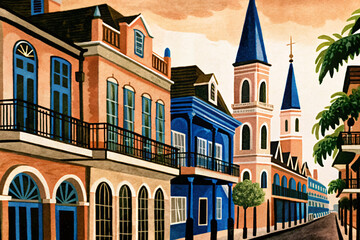 New Orleans city, French Quarter, jazz culture, Mardi Gras celebration, colorful streets, iconic destination