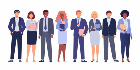 Diverse group of smiling business professionals standing together in professional attire holding documents