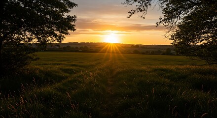 Fototapeta premium Sunset over field landscape