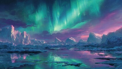 Naklejka premium Aurora borealis over icy mountains (1)