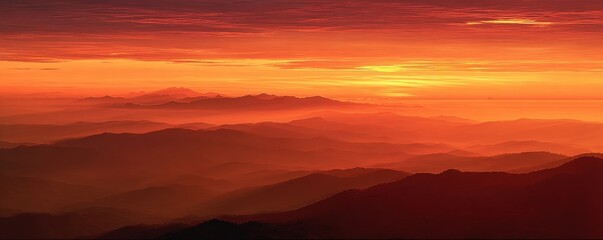 Sunrise over misty mountains.  Fiery orange and yellow hues paint the sky above a landscape of layered mountain ranges veiled in hazy, misty clouds