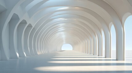 Light pours into the spacious hallway featuring elegant arching white walls. The clean lines create a tranquil atmosphere, ideal for contemplation or walking through.