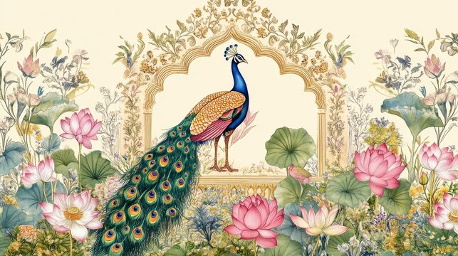 54.A detailed pichwai illustration of a Mughal-inspired garden, with regal peacocks and serene lotus flowers. The garden is framed by an intricately designed floral arch, with the delicate symmetry