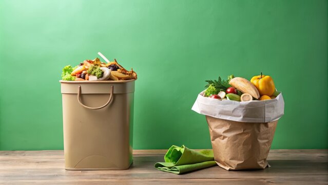 Food Waste and Fresh Produce in Bins on Green Background