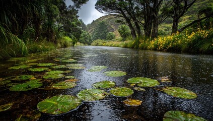 Fototapeta premium A tranquil river scene on a rainy day