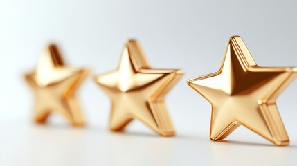 99.A highly detailed set of five gold stars, each with a smooth, polished metallic finish, arranged in a row against a white background. The gleaming gold reflects light, creating a luxurious and