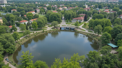 The park has lake, water theatre, bridge, trees, park areas, shops, monuments, protected areas is Lazar Globa Park. Houses, buildings and sights of the city of Dnipro, Ukraine.