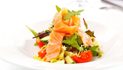 Fresh salmon salad on a white plate