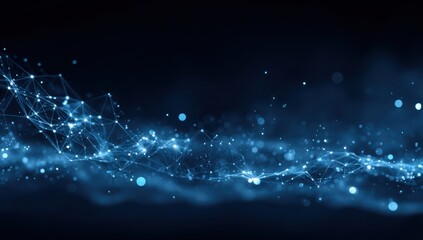 Abstract network of glowing blue particles on dark background