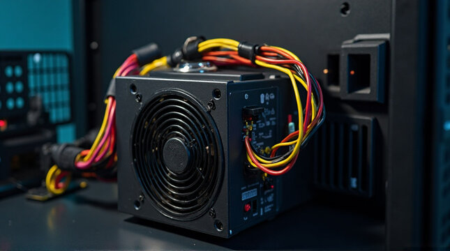 Power supply unit with colorful wires for computer in dark setting offers potential for technology concepts