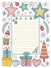 Fototapeta premium A vibrant design featuring festive stars, gifts, and a tree. ideal for holiday notes