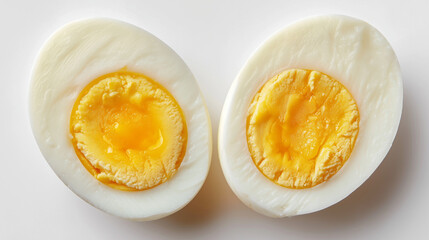Boiled eggs cut in half with yolk shining, isolated on white background, clean minimal style
