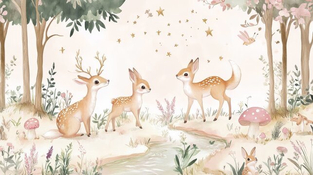 Fototapeta 62.A fairy-tale inspired children's wallpaper filled with hand-drawn animals such as deer, rabbits, and foxes, all nestled in a whimsical forest. The design features soft pastel hues of light pink,