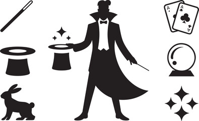 Magician Silhouette with Accessories on Transparent Background Vector Illustration