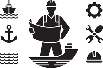 Maritime Engineer Silhouette Inspecting Blueprint with Nautical and Industrial Elements