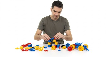 真剣な表情でカラフルな磁石玩具を組み立てる男性 明るい室内 自然光. AI Generated