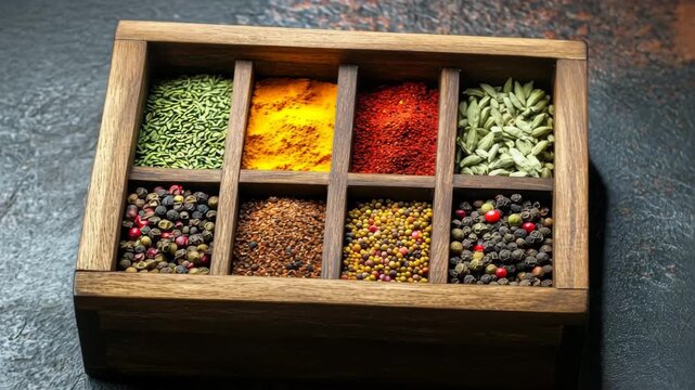 Explore an exquisite wooden box filled with nine distinct spice varieties, each offering a burst of color and aroma. This captivating display invites culinary creativity and inspiration.
