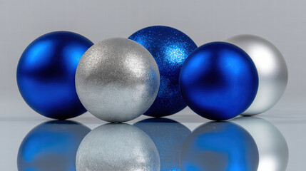 Naklejka premium Festive baubles in blue and silver arranged for photo shoot with reflective surface create joyful holiday mood