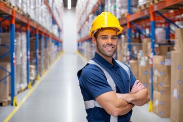 Smiling Warehouse Worker Standing in Aisle with Arms Crossed