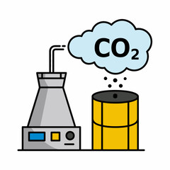 Industrial Emission of Carbon Dioxide with Factory Equipment and Yellow Tank Illustration for Environmental Concerns and Sustainability Initiatives