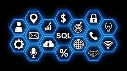 SQL Database Technology Icons Arranged in Hexagons with Neon Blue Glow on Black Background information